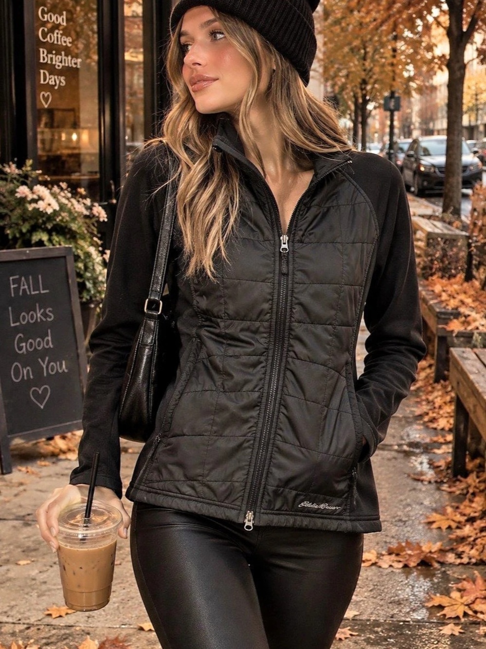 Eddie Bauer Women's Quilted Hybrid Full-Zip Fleece Jacket Black Medium